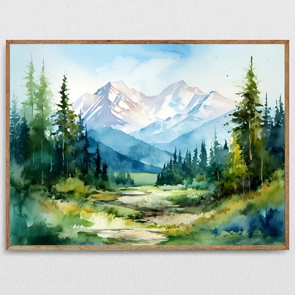 Colorado Mountains Watercolor Art Print, Panoramic Landscape