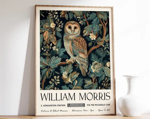 William Morris Owl Exhibition Poster, Vintage Art Print