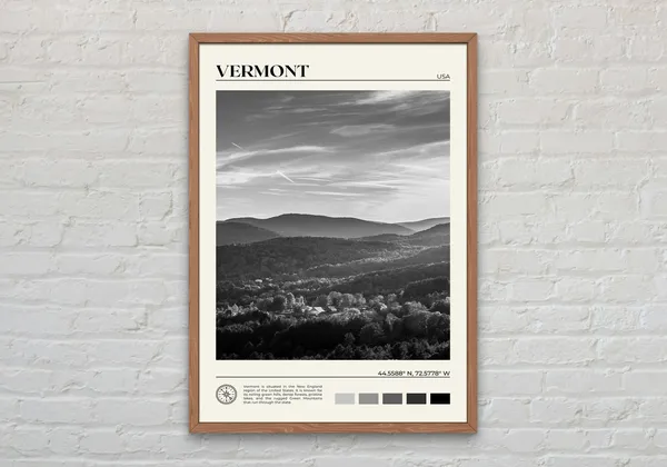 Vermont Black and White Travel Poster, Wall Art Print