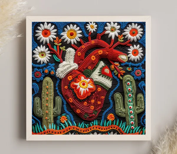 Cactus Flower Heart Huichol Mexican Folk Art Print