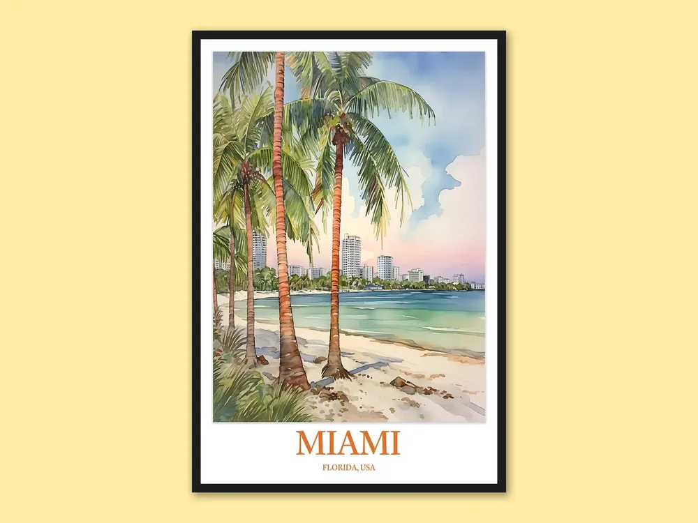 Miami Travel Poster, Beach Palm Trees Art Print