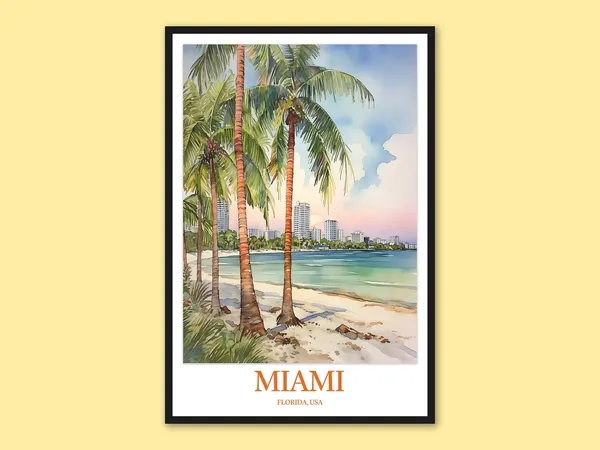 Miami Travel Poster, Beach Palm Trees Art Print