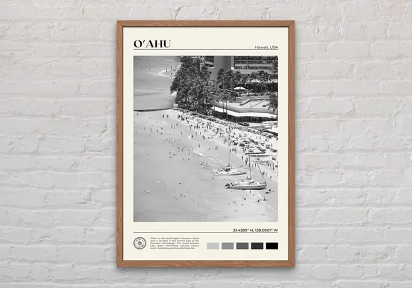 Black and White Oahu Travel Poster, Hawaii Art Print