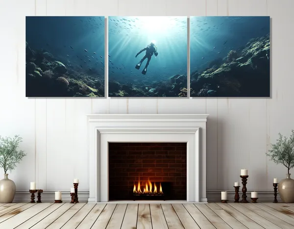 Diving Underwater Ocean Art Print, Diver Decor