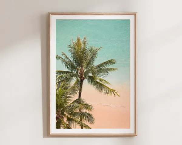 Aerial Beach Photography Art Print, Pink Sand Palm Tree
