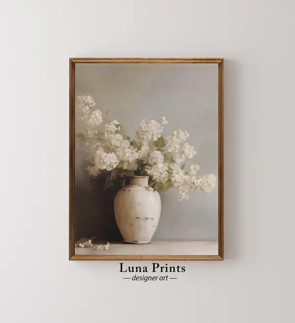 Hydrangeas in Aged Vase Painting, Muted Floral Art