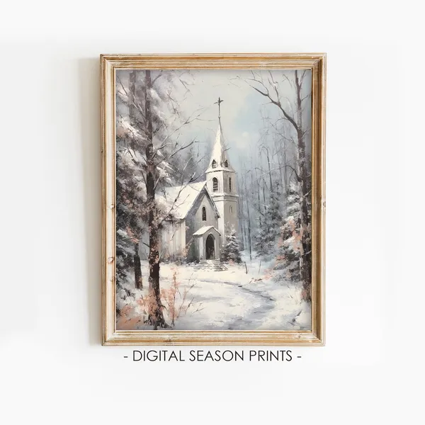 Old Country Church Winter Snowy Landscape Art Print