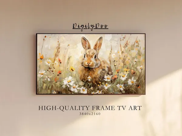 Easter Bunny In Flowerfield, Vintage Farmhouse Art Print
