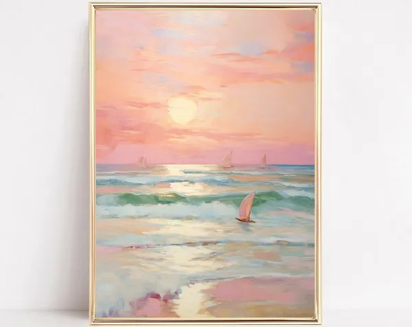 Pastel Sunset Coastal Beach Poster, Boho Ocean Art