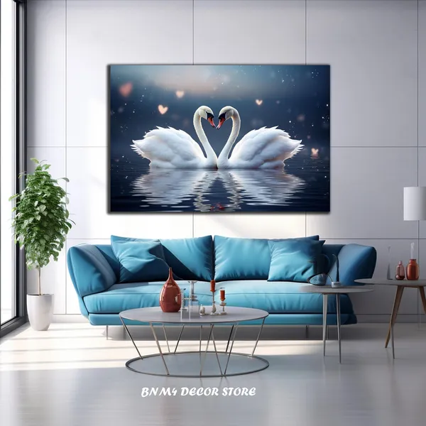 White Swans Couple Wall Art Print, Love and Nature