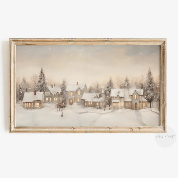 Vintage Christmas Village Winter Town Travel Poster