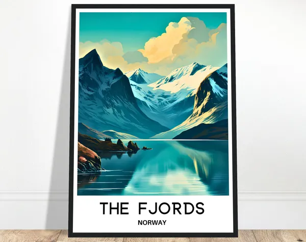 Fjords Travel Poster, Norwegian Mountains Wall Art