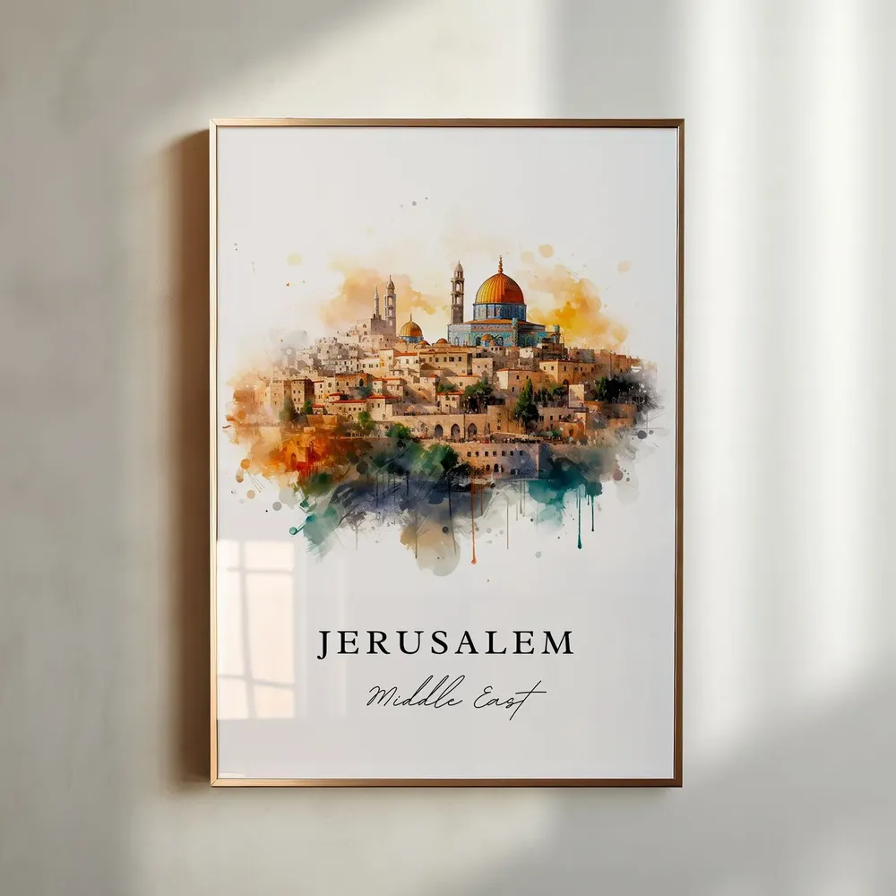 Jerusalem Watercolor Travel Poster, Middle East Art