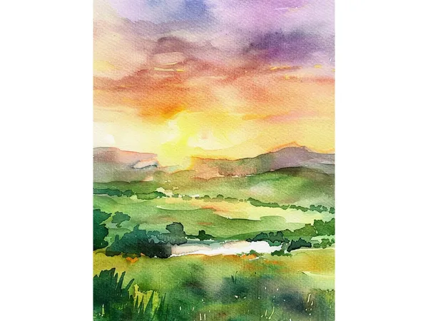 Ireland Watercolor Landscape Art Print, Sunset Meadow