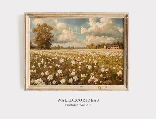 Cotton Field Landscape, Vintage Farmhouse Art Print