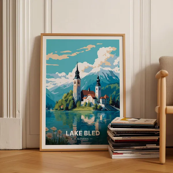 Lake Bled Travel Poster, Slovenia Scenic Landscape