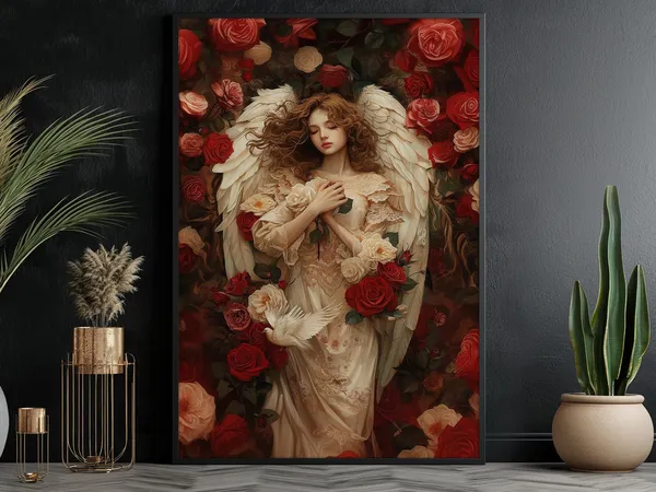 Angel in Roses, Catholic Faith Flower Art Print