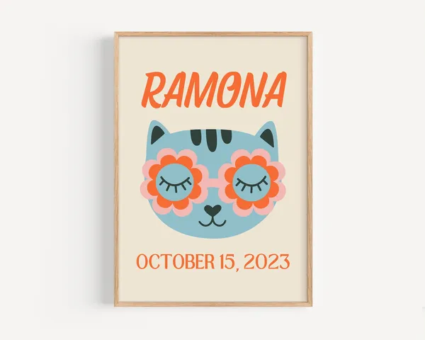 Custom Kids Name Art, Retro Blue Cat Poster