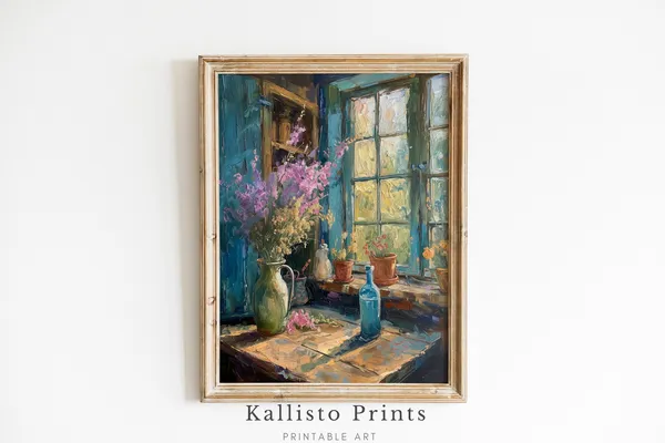 Rustic Cottage Floral Window Scene Art Print
