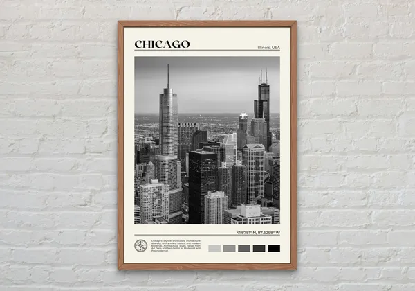 Chicago Black and White Travel Poster, City Wall Art