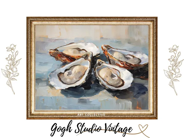 Vintage Oyster Still Life Oil Painting, Kitchen Art