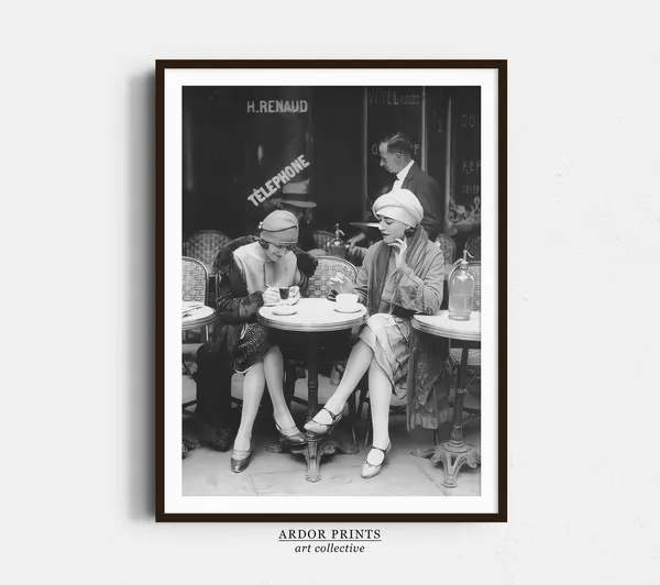 French Women Drinking Coffee At Cafe, Vintage Paris Art Print