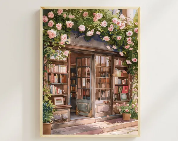 French Bookstore Vintage Bookshop Art Print, Roses Decor