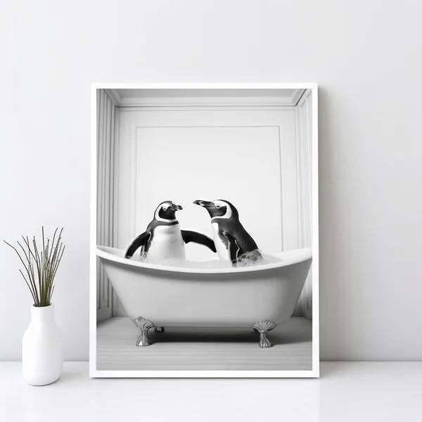 Adorable Penguins Playing in Bath Tub, Poster Print