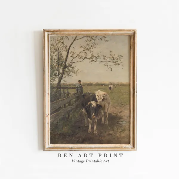 Antique Cow Print Vintage Country Landscape Art Print