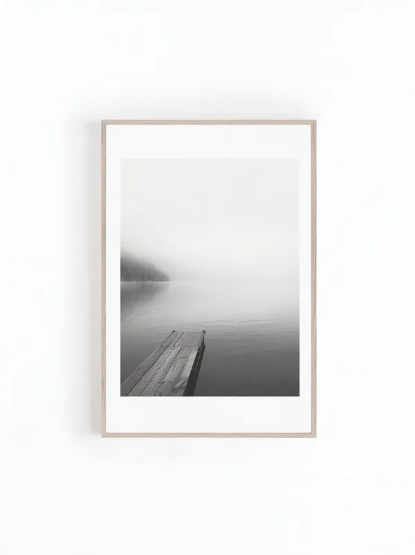 Boat Dock on Lake, Black and White Art Print