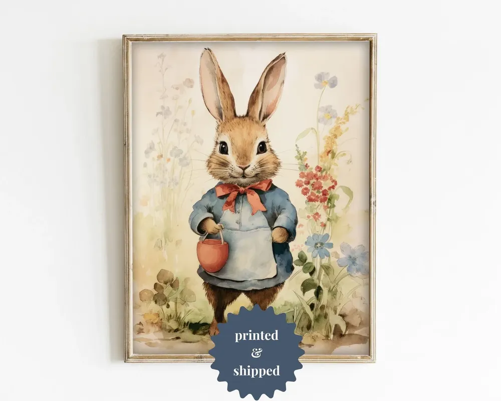 Vintage Easter Bunny Art Print, Cottage Decor