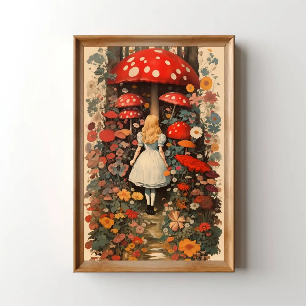Alice Mushroom Wonderland Vintage Poster, Retro Magic