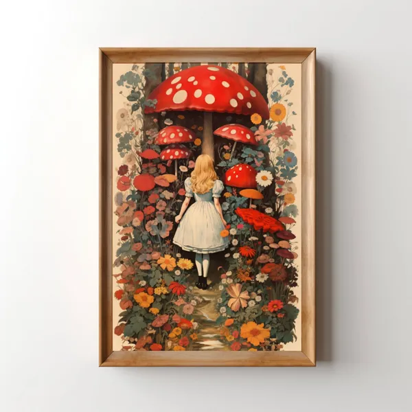 Alice Mushroom Wonderland Vintage Poster, Retro Magic