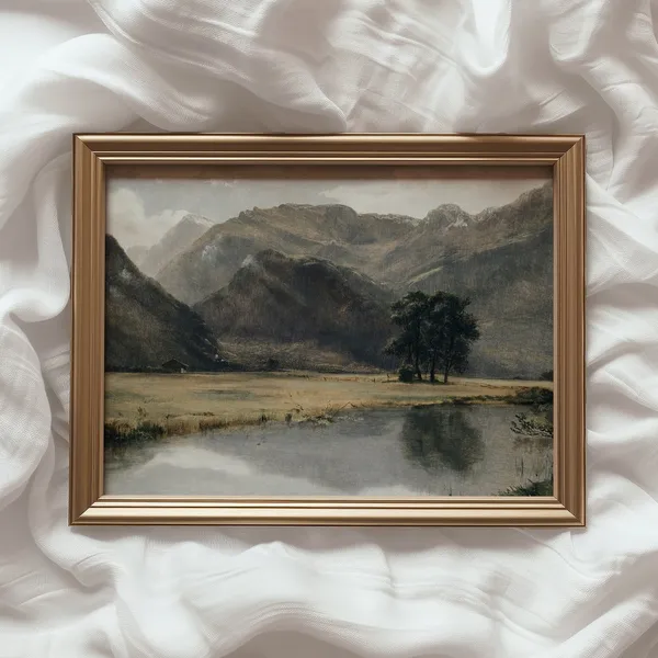 River Landscape Vintage Art Print, Rustic Mountains