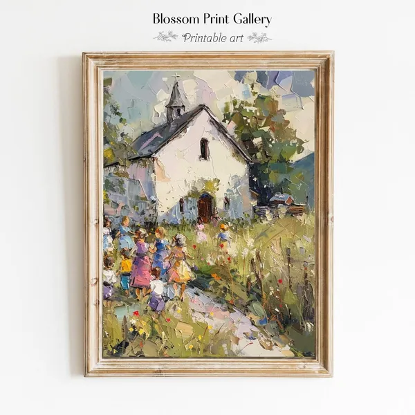 Vintage Church Print, Spring Landscape Wall Art