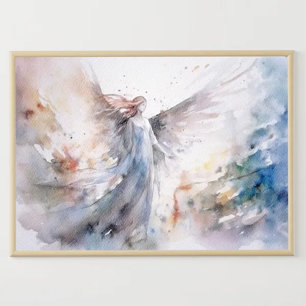 Angel Watercolor Religious Art Print, Abstract Style