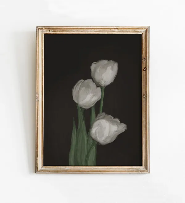 Moody White Tulips Impressionist Oil Painting Print