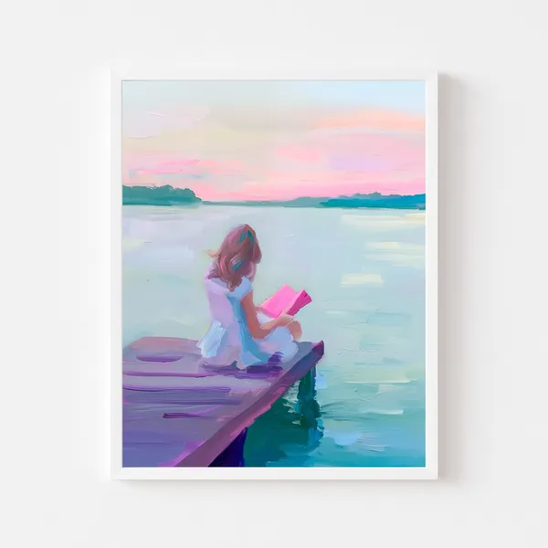 Woman Reading Book, Coastal Sunset Art Print