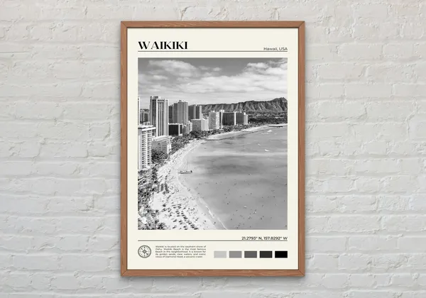 Waikiki Black and White Travel Poster, Hawaii