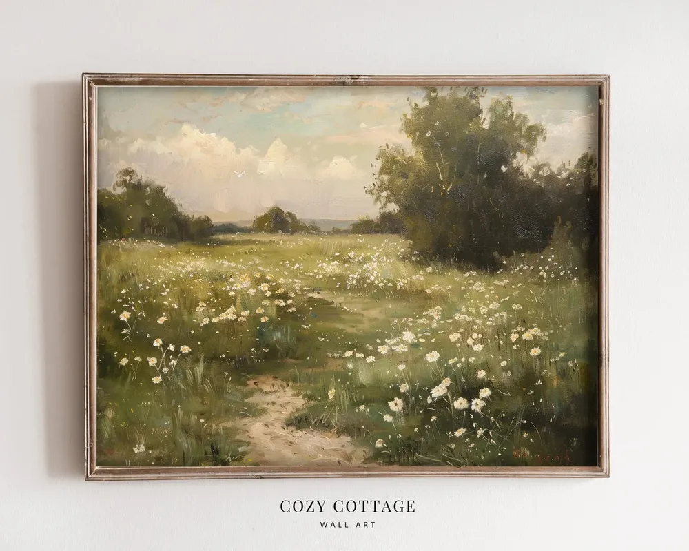 White Flower Field Vintage Style Art Print - Image 2