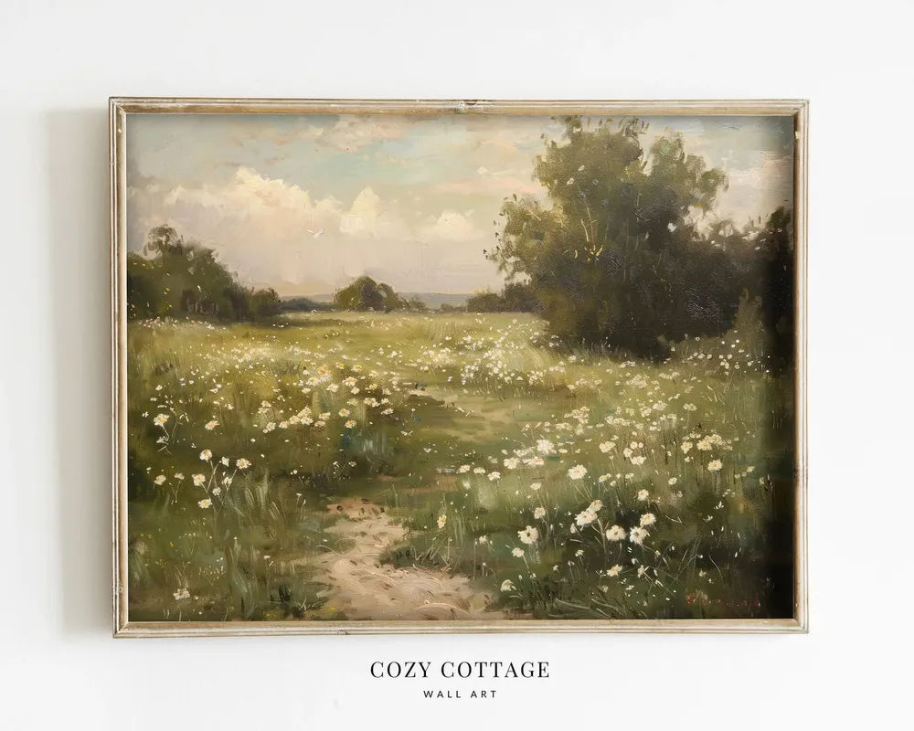White Flower Field Vintage Style Art Print