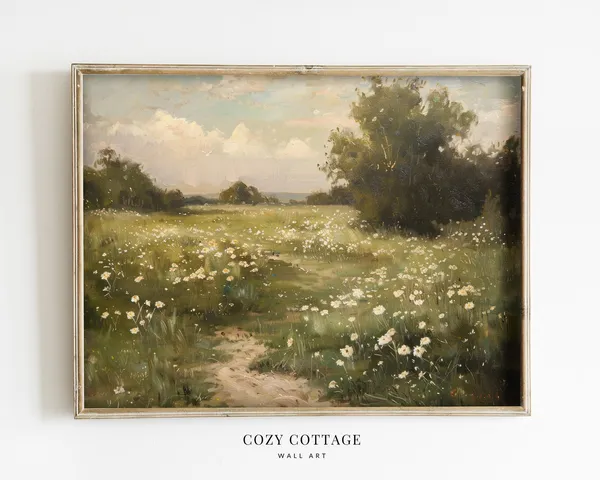 White Flower Field Vintage Style Art Print