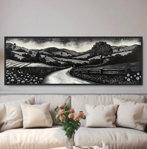 Country Road Countryside Night Sky Art Print, Farmhouse