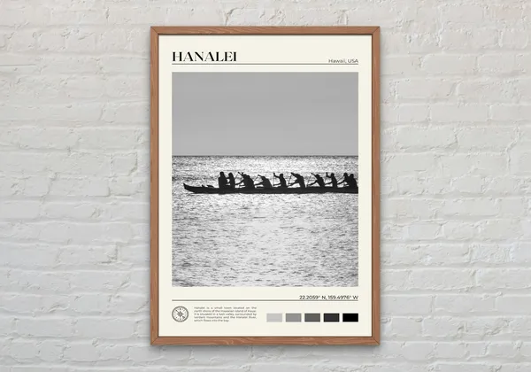 Hanalei Black and White Travel Poster, Hawaii Art Print