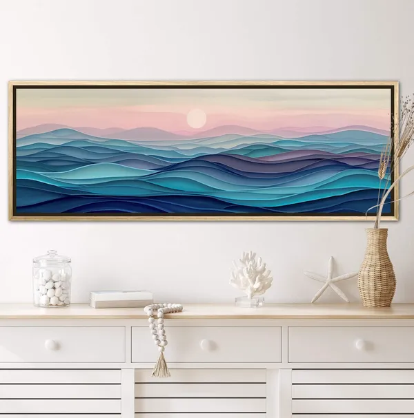 Ocean Waves Panorama, Pink And Purple Sky Art Print