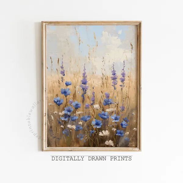 Wildflower Field Landscape, Vintage Floral Farmhouse Art Print