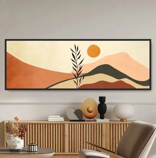 Geometric Sun Landscape, Mid-Century Boho Art Print