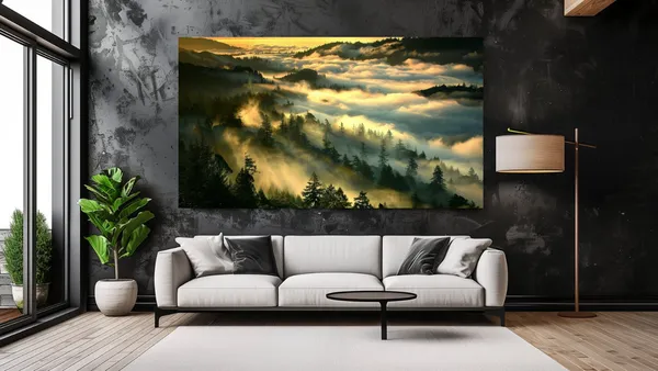 Morning Fog Over Mountain Landscape Art Print