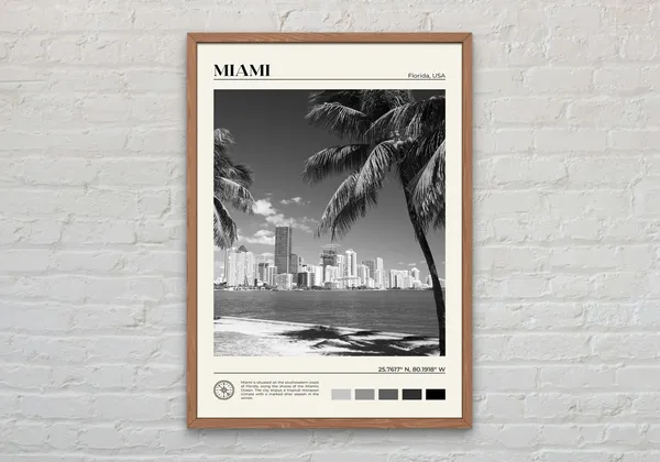 Miami Black and White Travel Poster, Florida Art Print