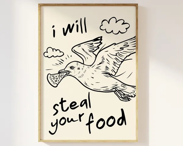 Funny Seagull Kitchen Poster, Retro Foodie Art